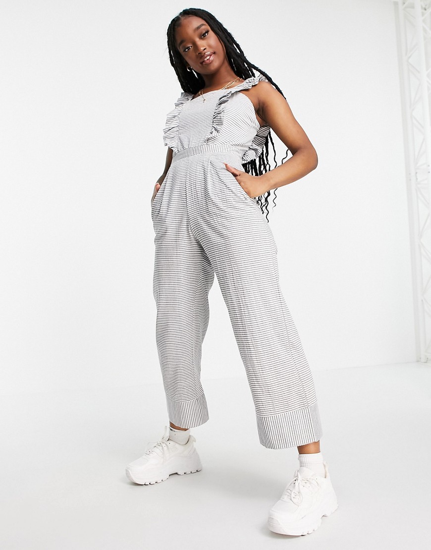 Missguided jumpsuit with frill front in stripe-Multi