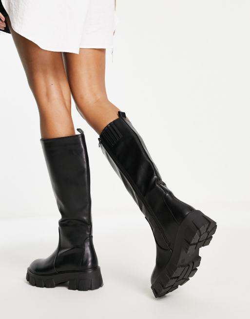 Missguided knee high boots with cleated sole in black