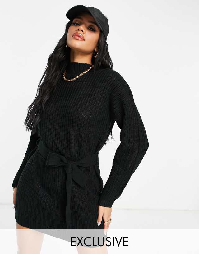 Missguided knit mini dress with belted waist in black