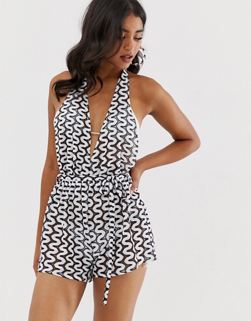 Missguided knitted beach playsuit in chevron print | ASOS