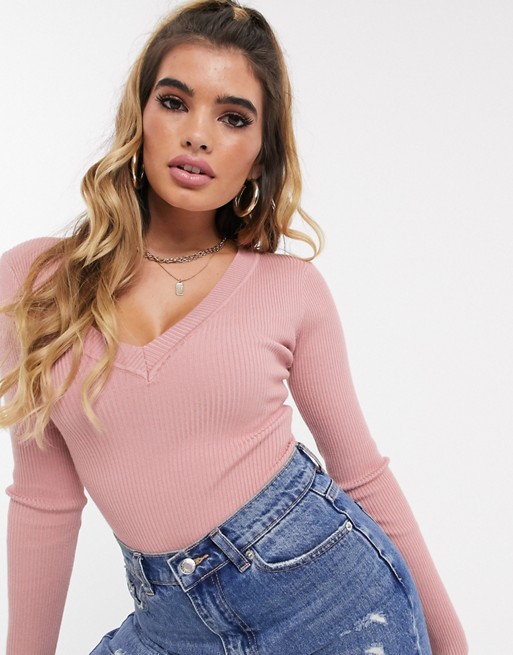 Missguided knitted bodysuit with v neck in pink