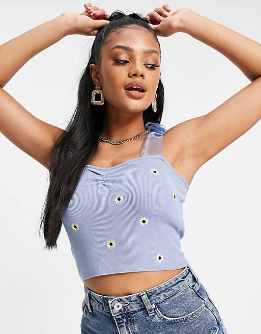Missguided knitted cami with floral embroidery in blue