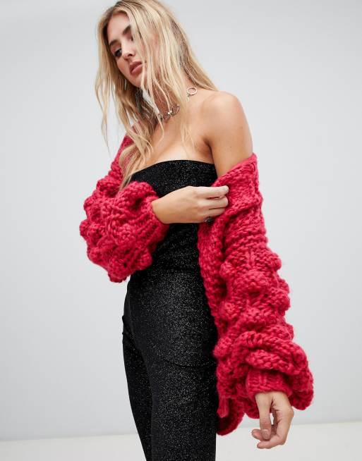 Missguided cropped cable knit cardigan in hot pink, ASOS