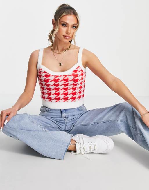 Missguided knitted houndstooth cropped singlet in red (part of a set)