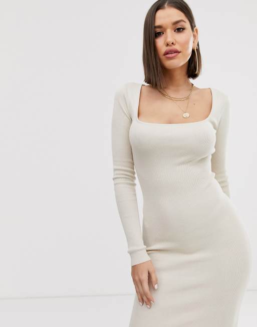 Cream Rib Square Neck Long Sleeve Bodycon Dress