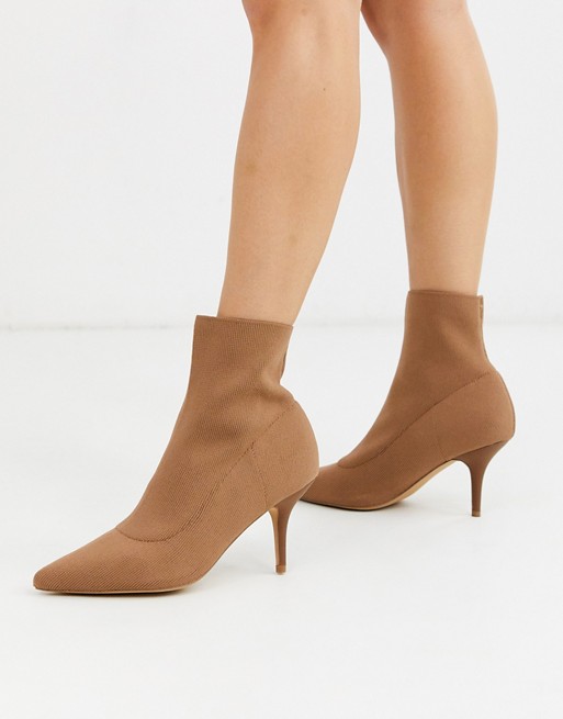 Missguided knitted sock boot with kitten heel in tan