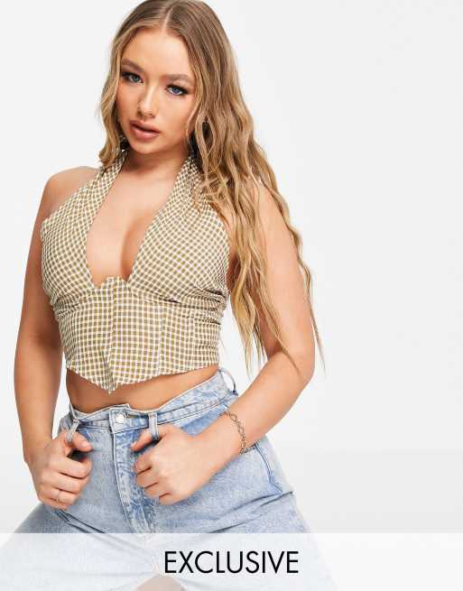 Missguided – Kurz geschnittenes Neckholder-Oberteil mit überkreuzter Vorderseite und braunem Vichy-Karomuster