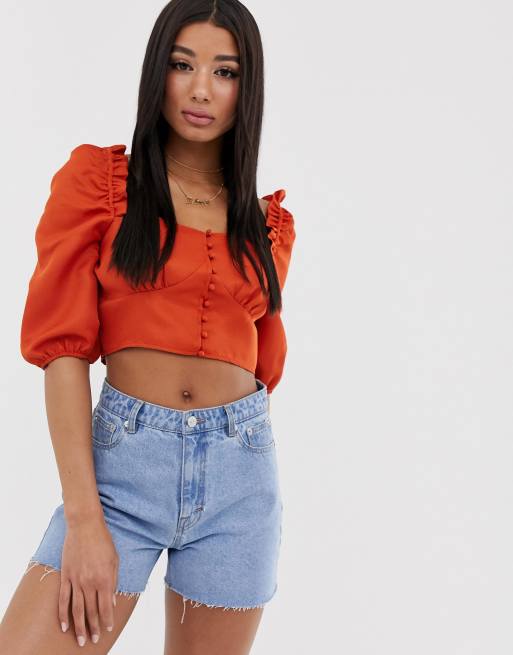 Missguided – Kurzes Oberteil mit eckigem Ausschnitt und Puffärmeln in Rost