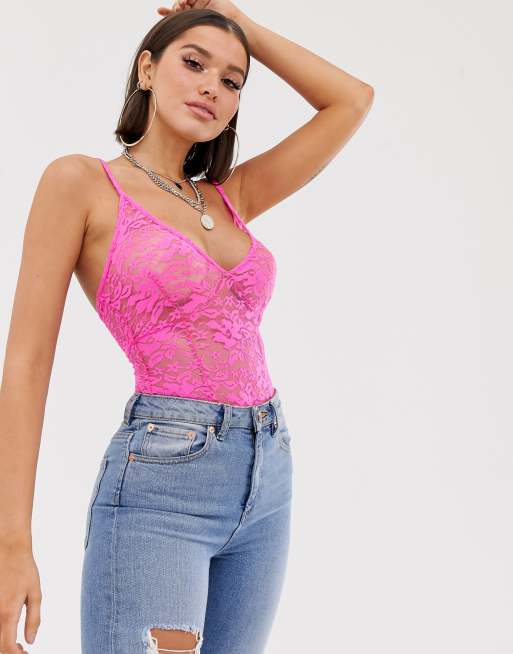 Vintage Pink Lace Bodysuit, Women's Fashion, Tops, Other Tops on