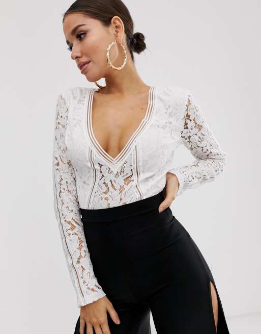 Peace + Love White High Neck Lace Bodysuit