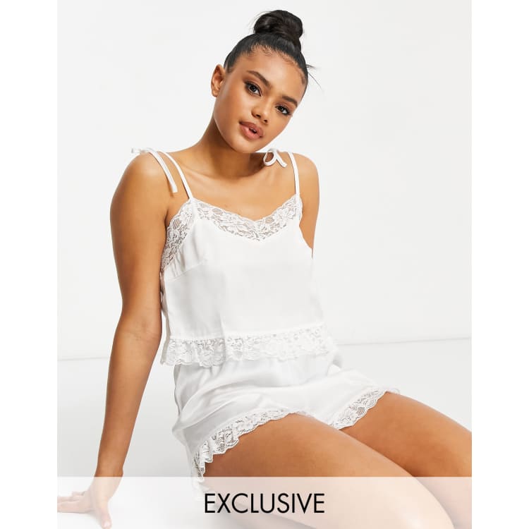 Missguided lace cami and short pajama set in white