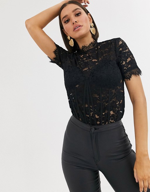 Missguided lace corset detail bodysuit in black