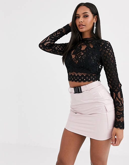 Missguided lace cut out long sleeve top in black