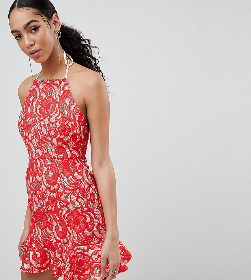 Missguided Lace Frill Hem Dress-Red