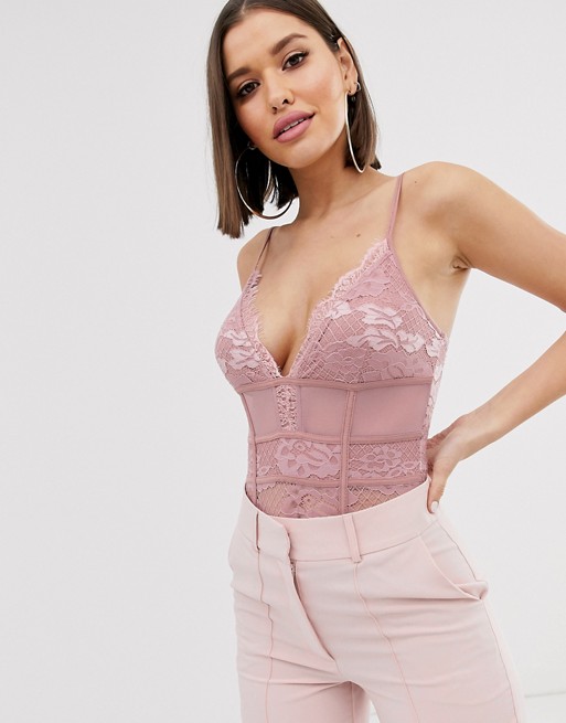 Missguided lace mesh bodysuit in dusty pink
