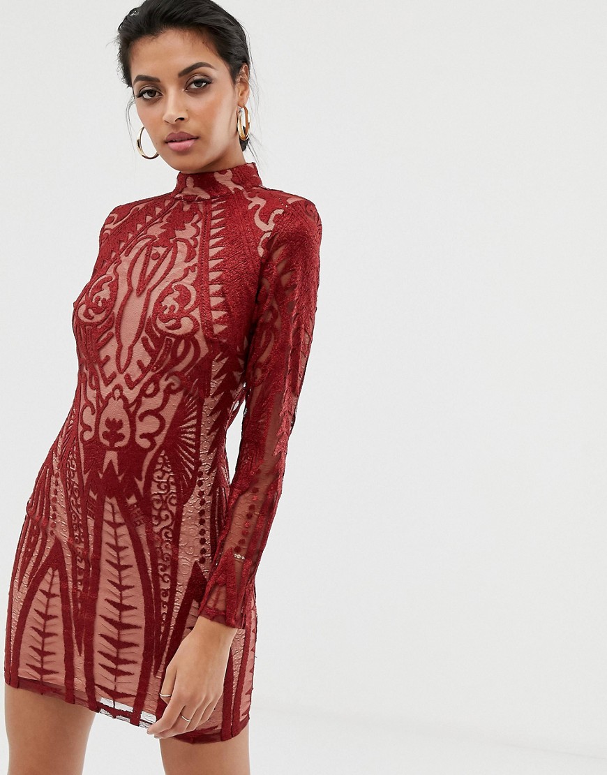 Missguided lace paneled bodycon dress-Red
