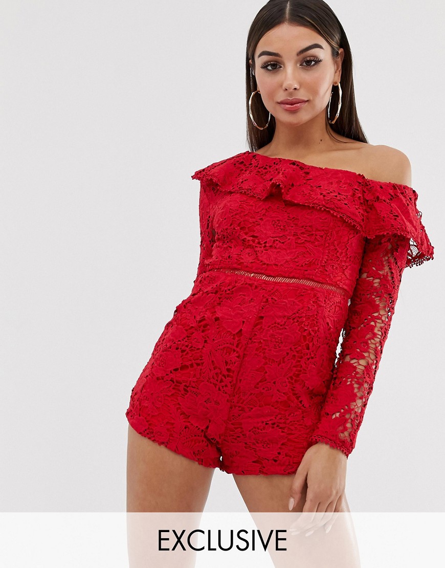 missguided lace playsuit with one shoulder in red
