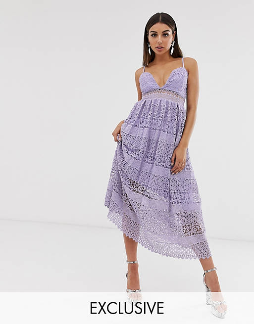 Missguided lace tiered midi dress with strappy sleeves in lilac