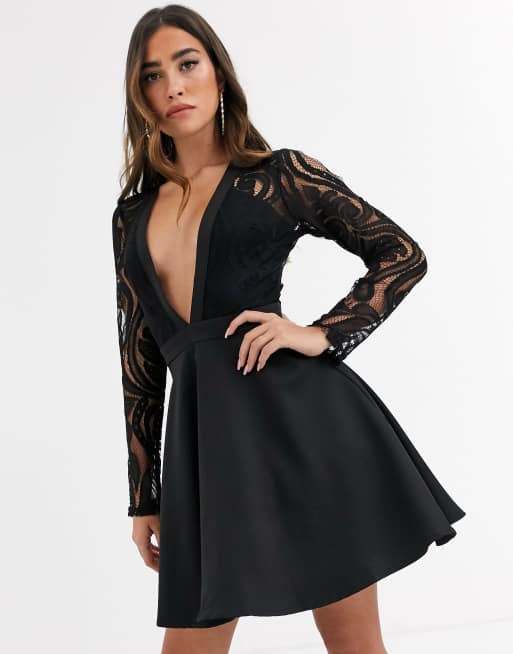 Black Lace V Neck Skater Dress 6642