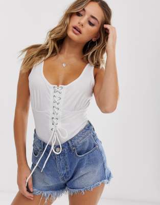 white lace up bodysuit