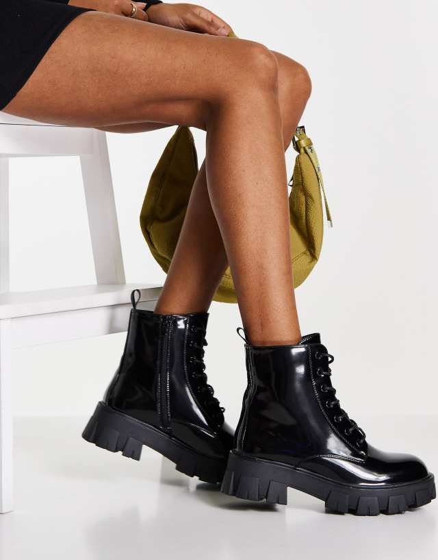 Missguided lace up boot with chunky sole in black