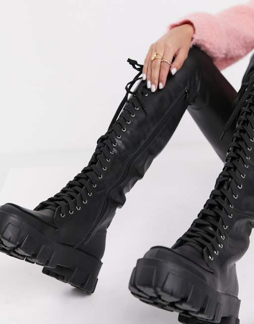 Missguided lace up boots with chunky sole in black