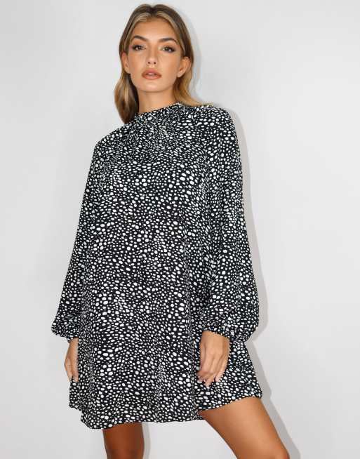 Missguided – Langärmliges, hochgeschlossenes Etuikleid mit Dalmatinermuster