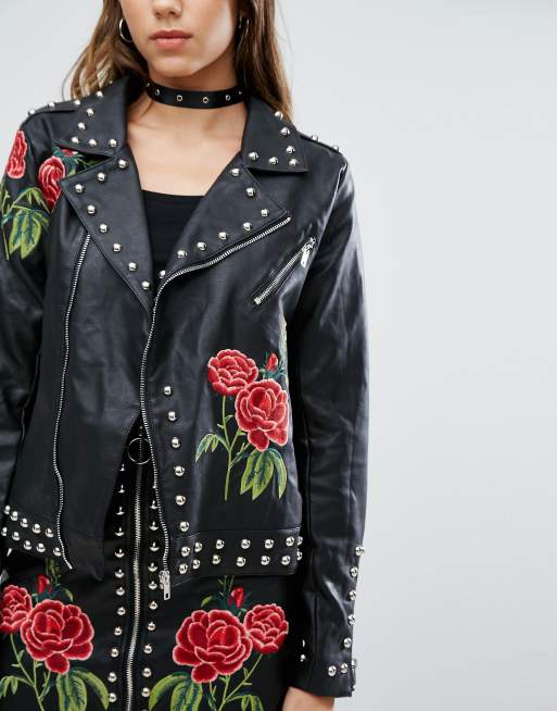 Rose embroidered leather outlet jacket