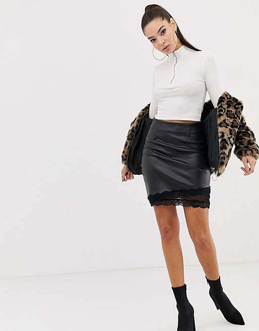 Missguided leather look mini skirt with lace trim in black | ASOS