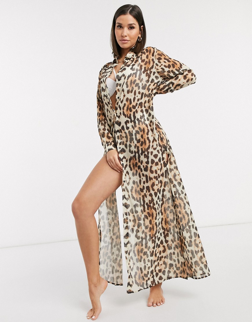Missguided leopard print maxi beach shirt-Multi