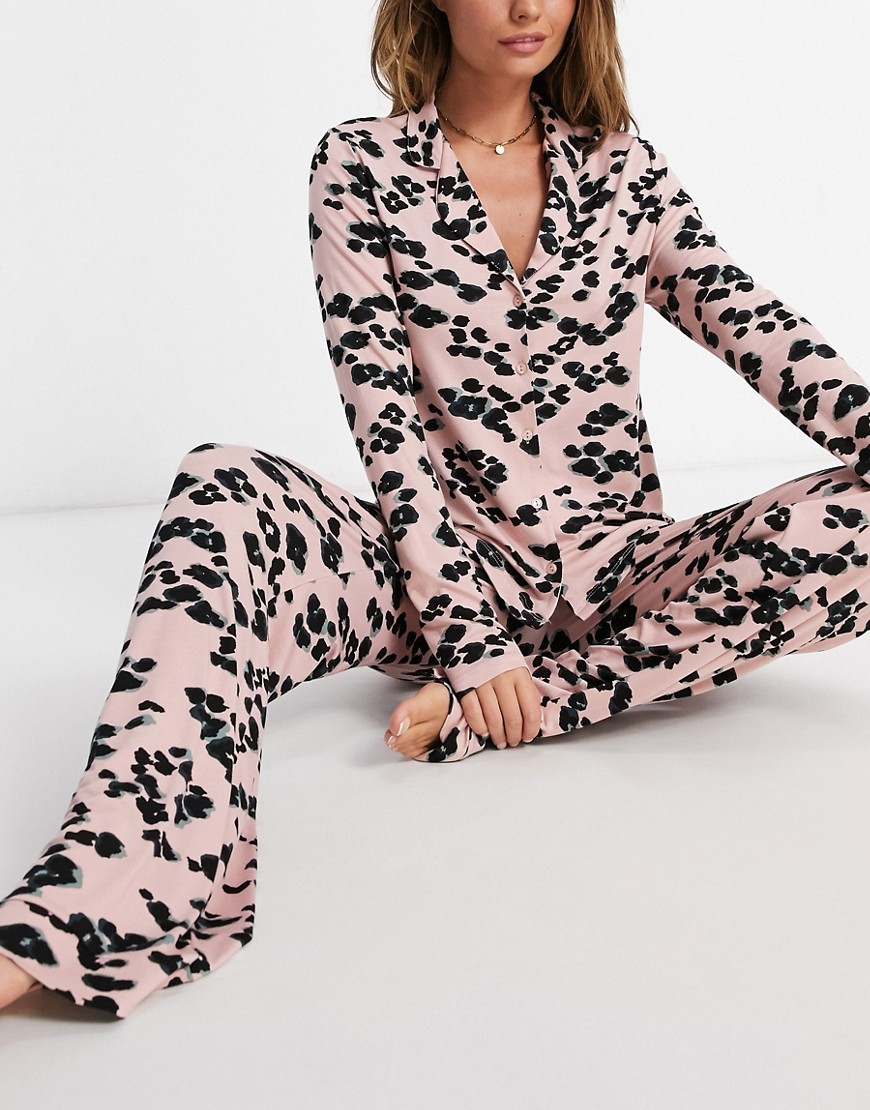 Missguided – Leopardmönstrad pyjamas med skjorta och byxor med vida ben-Pink