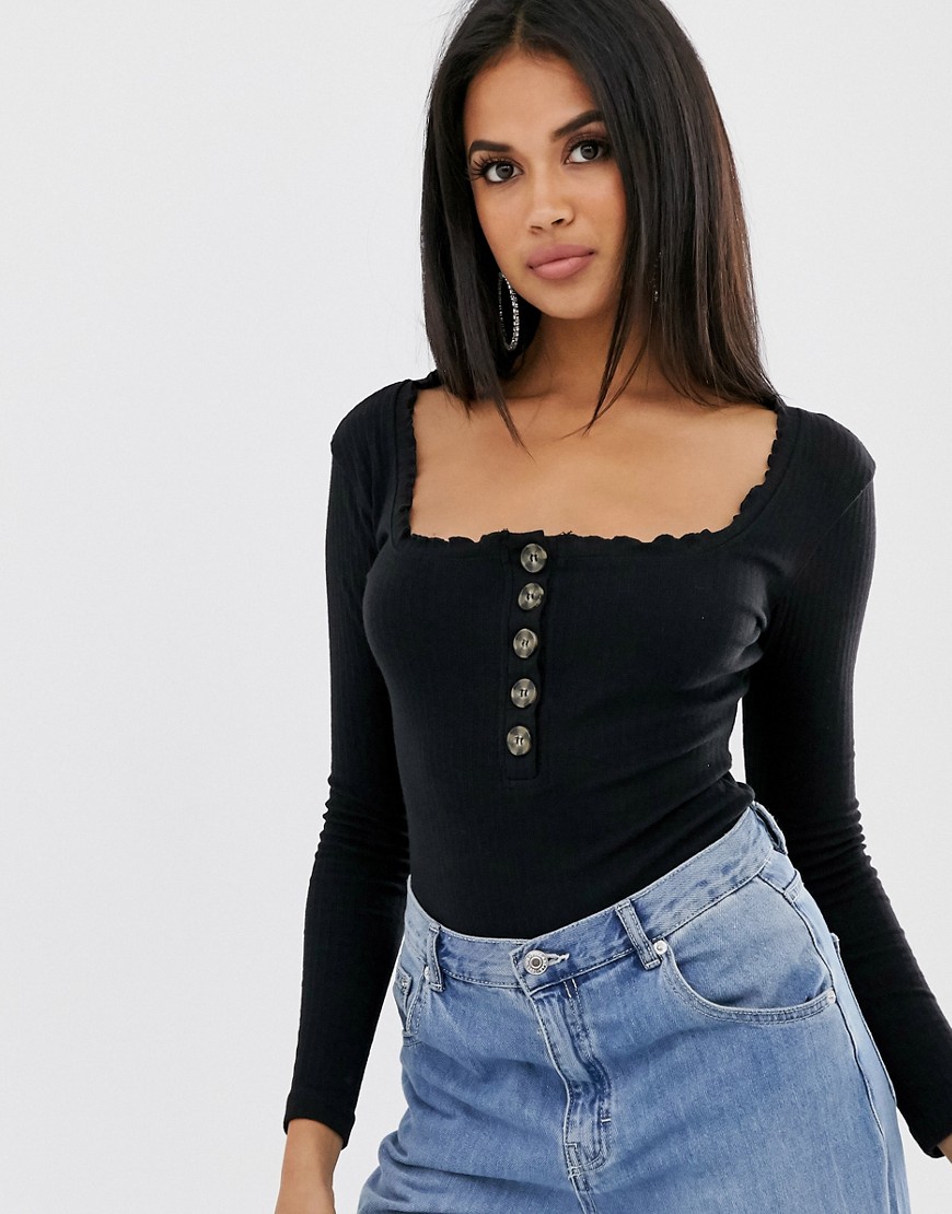 Missguided lettuce edge bodysuit with button detail in black