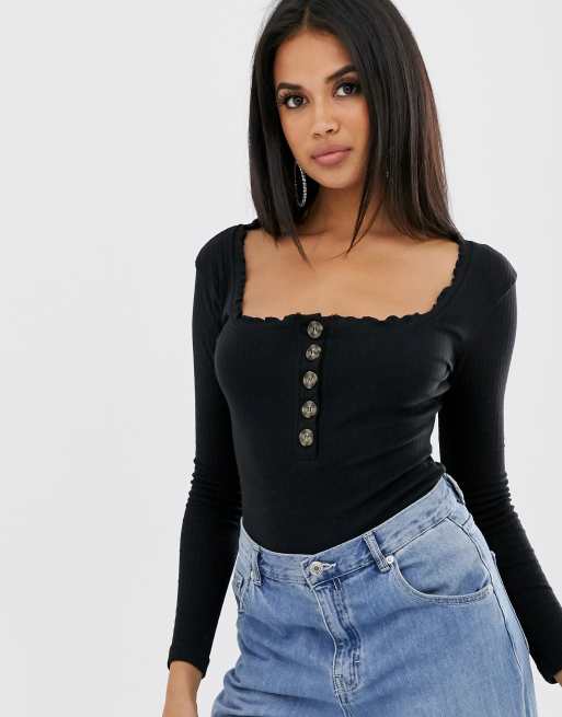 Missguided Lettuce Edge Bodysuit With Button Detail In Black 