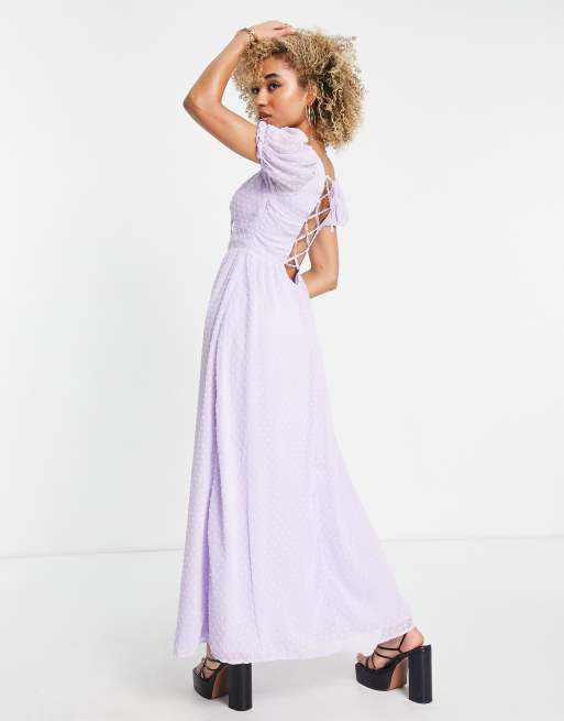 Missguided – Liliowa sukienka midaxi typu milkmaid z materiału dobby ze sznurowaniem na plecach