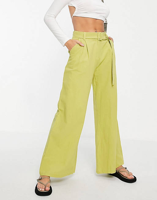 Missguided linen look belted wide leg pant in sage