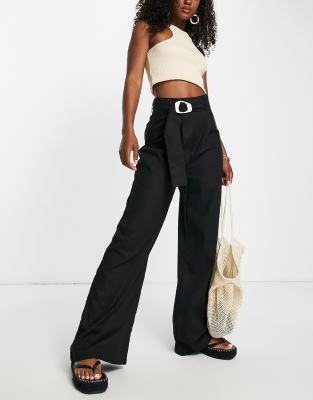 Missguided Missguided linen look belted wide leg trousers in black