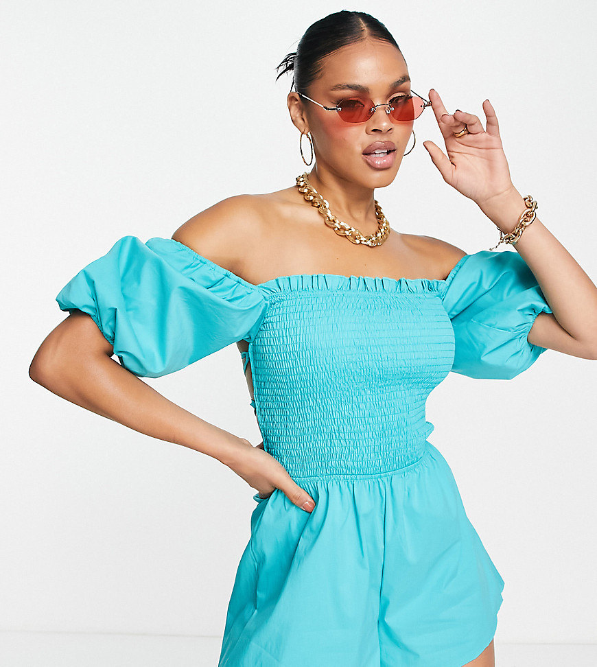 missguided linen look playsuit with lace up back in turquoise-blue