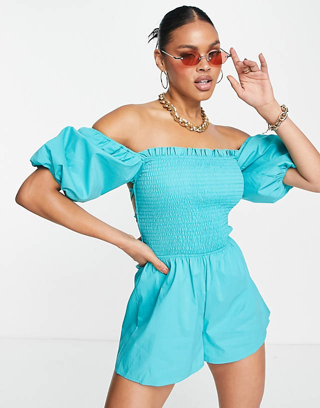 Missguided - linen look playsuit with lace up back in turquoise