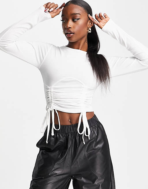 Missguided long sleeve crop top with ruched front in white | ASOS