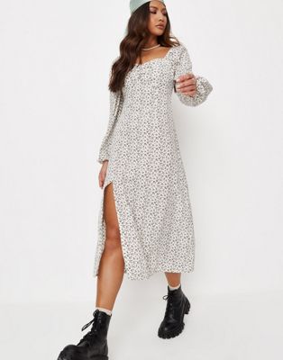 Missguided long sleeve midi dress with ruched bust in cream floral