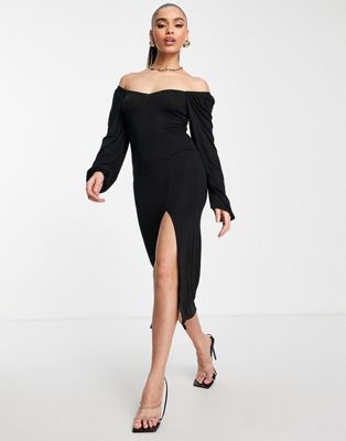 Missguided long sleeve milkmaid midaxi dress with split in black