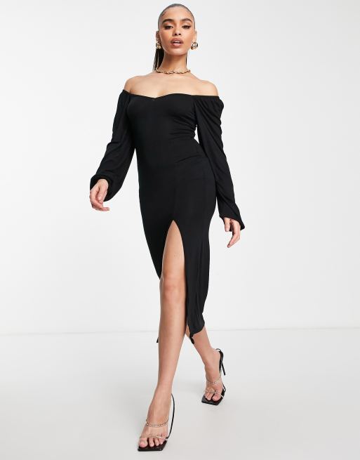 Missguided Long Sleeve Milkmaid Midaxi Dress With Split In Black Asos 6117