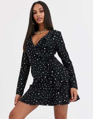 Missguided long sleeve polka dot wrap tea dress in black | ASOS