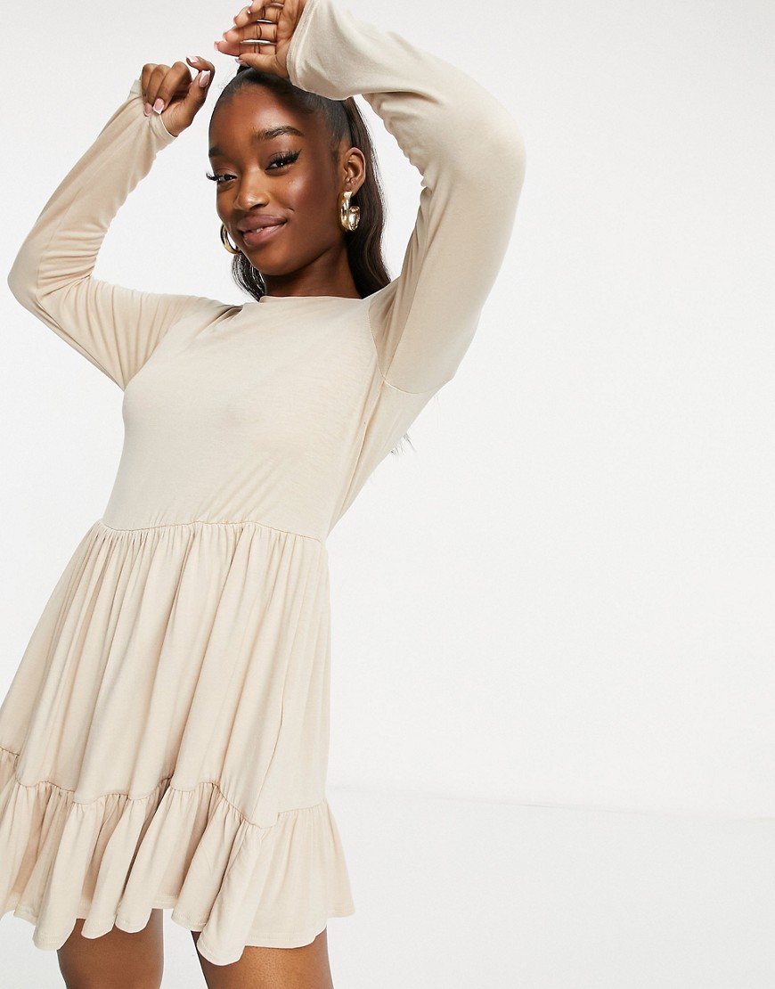 Missguided long sleeve smock dress with frill hem in sand-Neutral
