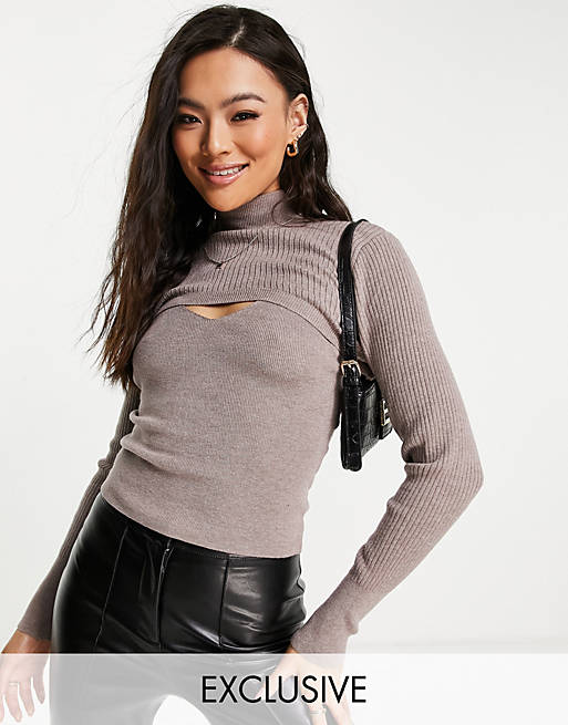 Missguided long sleeve top with overlayer in brown