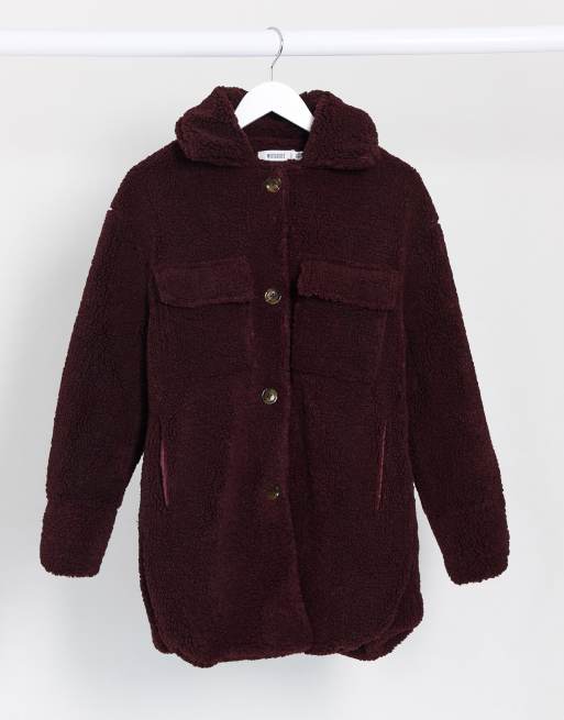 Missguided longline borg trucker coat in dark red