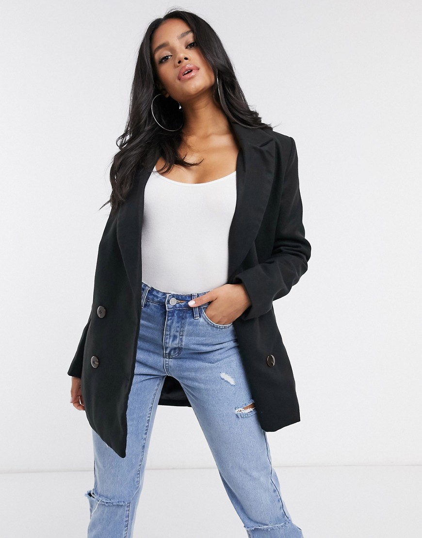 Missguided longline coat with faux tortoise shell buttons in black
