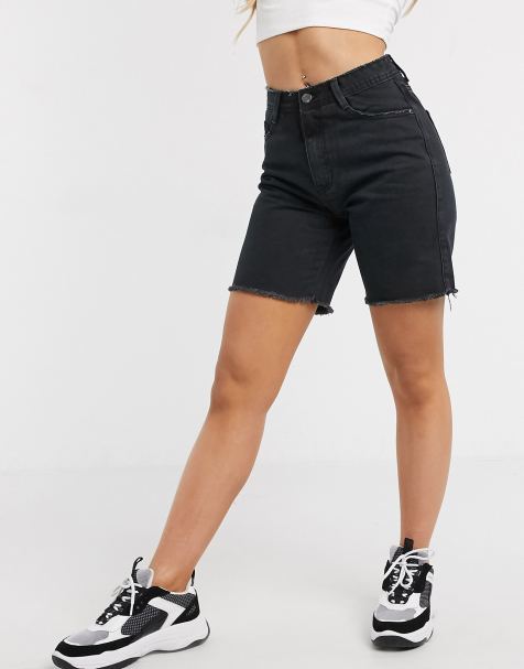 Missguided longline denim shorts in black