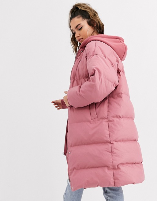 Welp Missguided longline padded coat with jersey hood in pink | ASOS NM-42