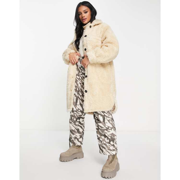 Missguided longline teddy coat in cream